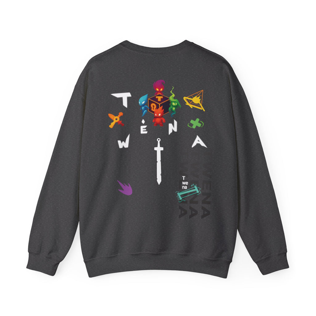 TweNa Elemental Icons Sweatshirt — black premium sweatshirt with colorful gaming-inspired symbols