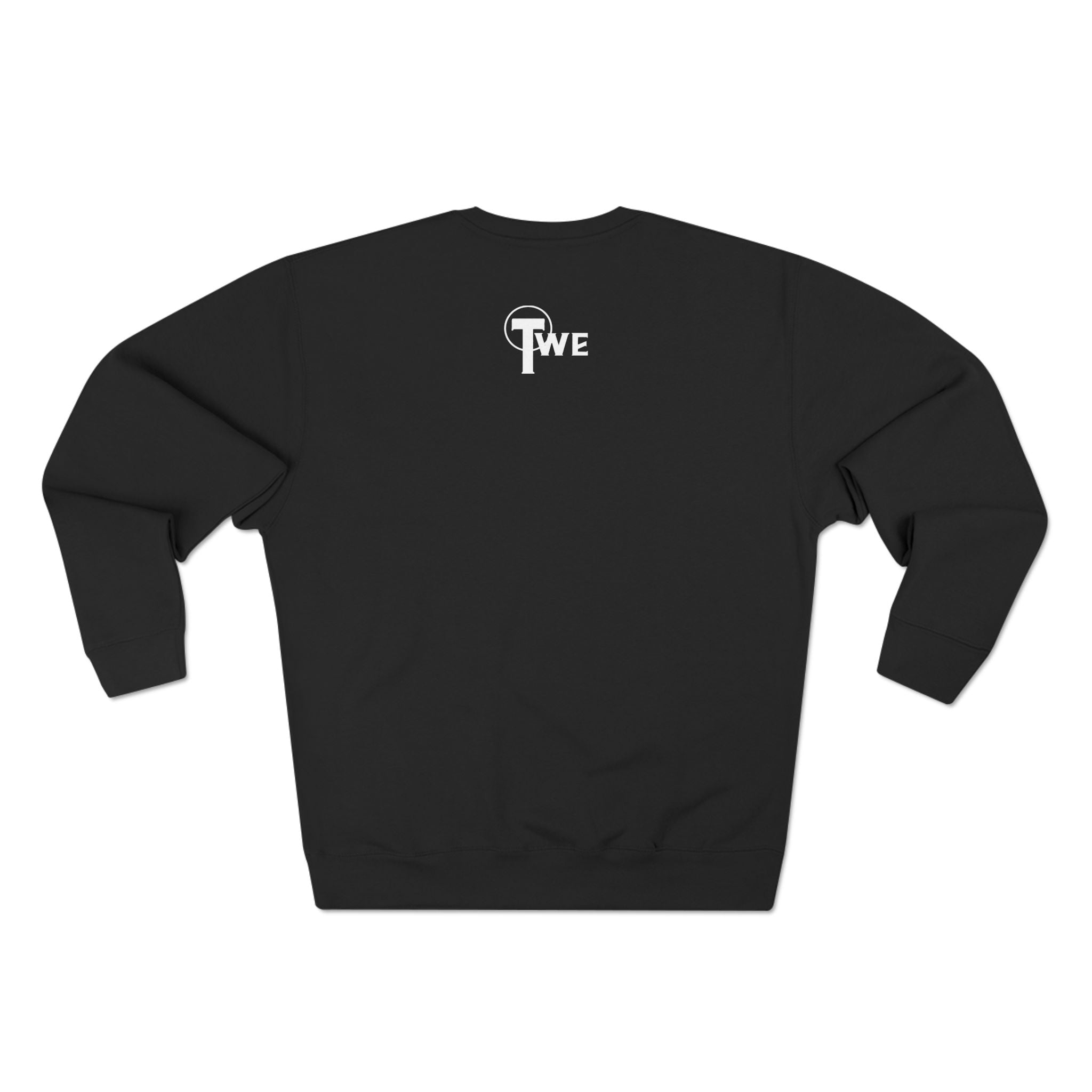 Black TweMerch Inc. sweatshirt with vertical TWE logo and golden lightning emblem