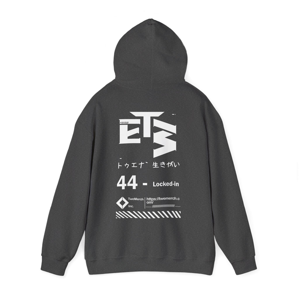 Back view of TweNa 44 Locked-In Hoodie – bold typography and graphic layout