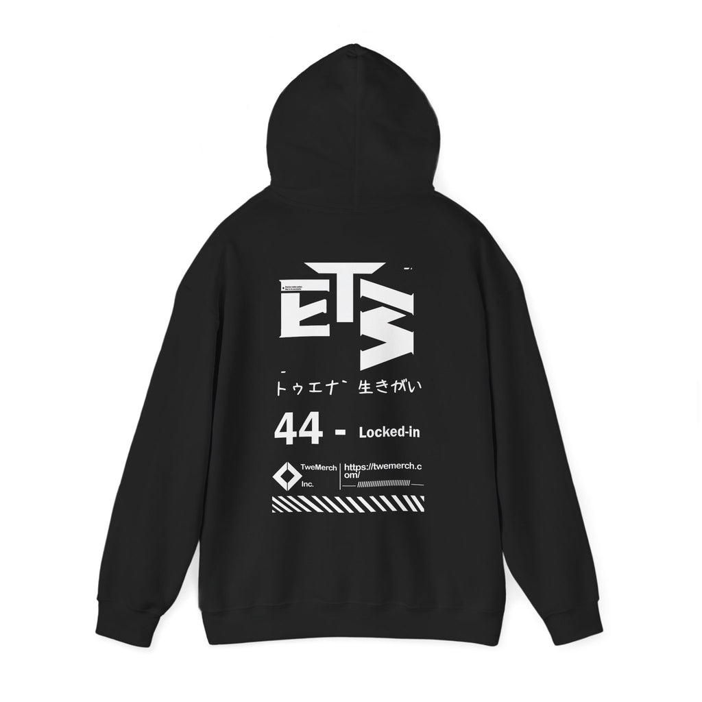 Back view of TweNa 44 Locked-In Hoodie – bold typography and graphic layout