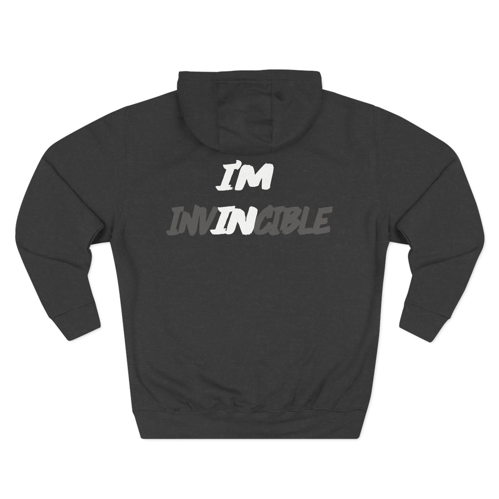 “I’m Invincible” motivational text design on black unisex hoodie