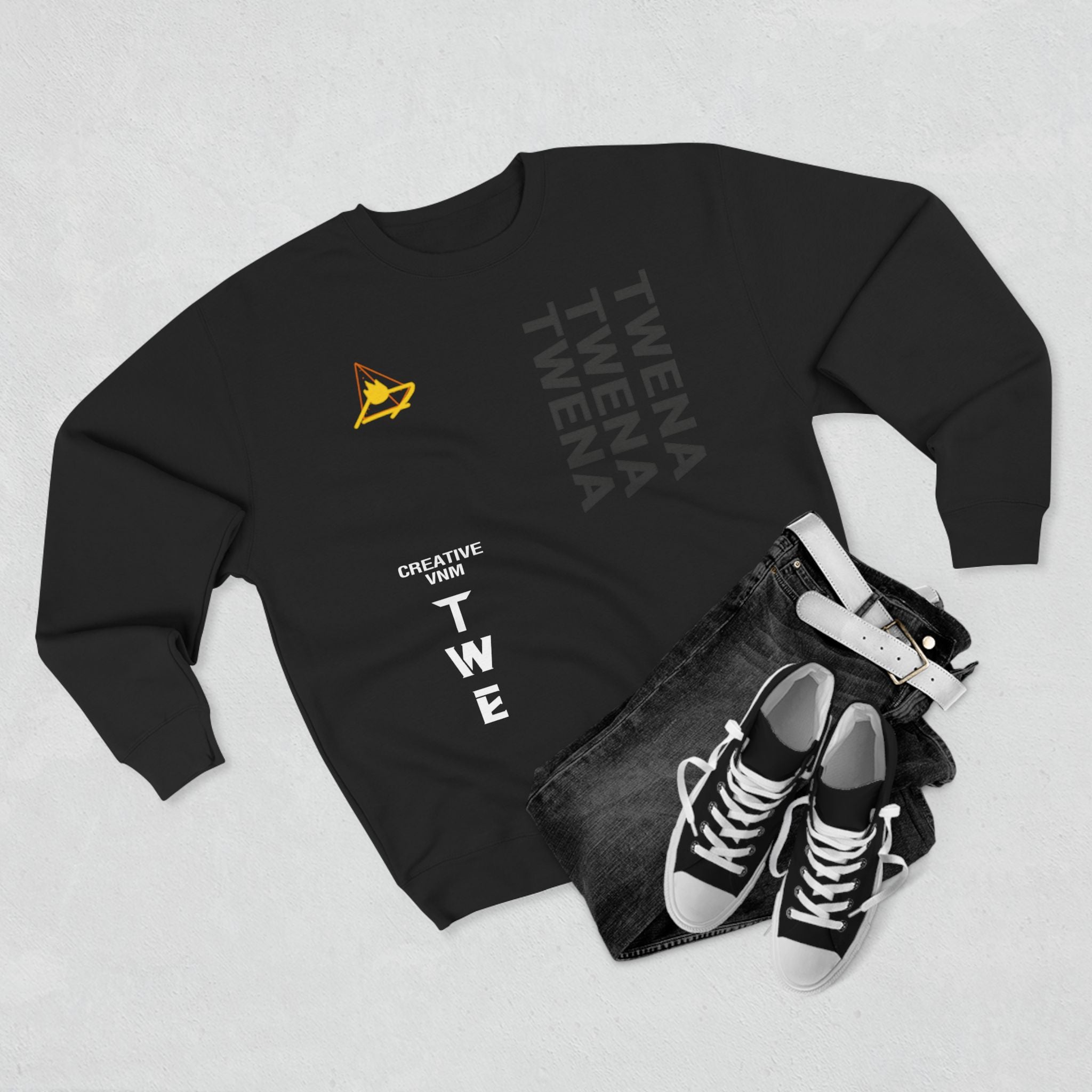 Black TweMerch Inc. sweatshirt with vertical TWE logo and golden lightning emblem