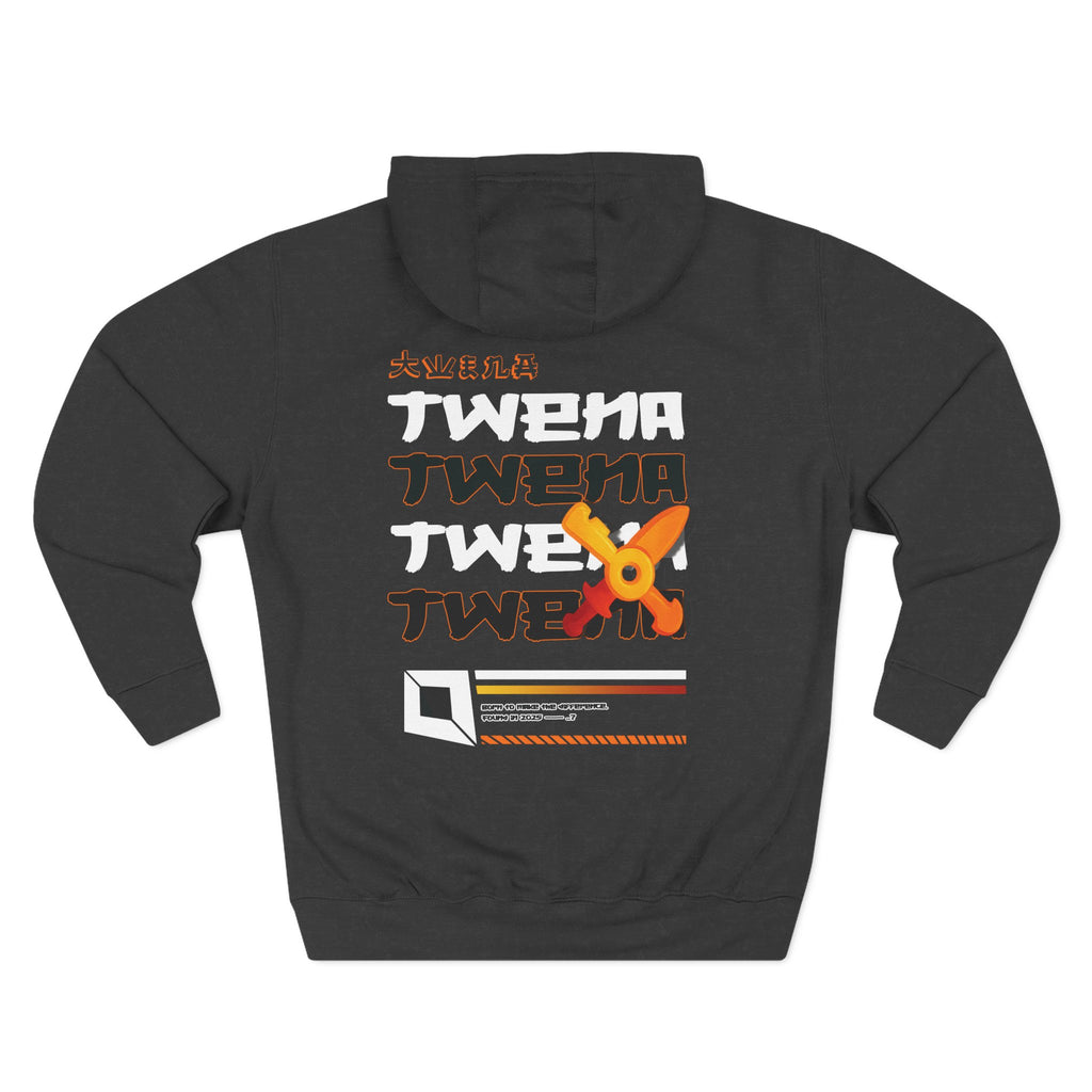 Futuristic streetwear sweatshirt with layered TweMerch typography