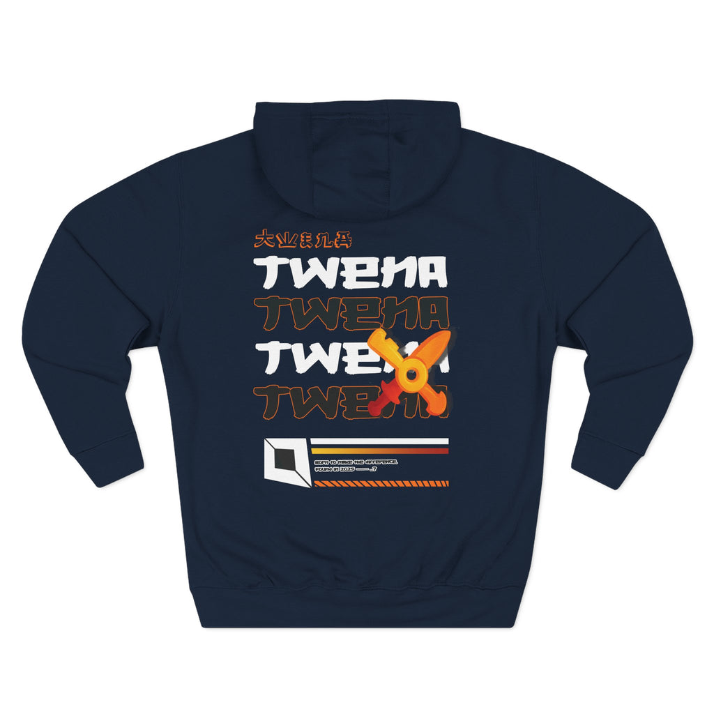 Futuristic streetwear sweatshirt with layered TweMerch typography