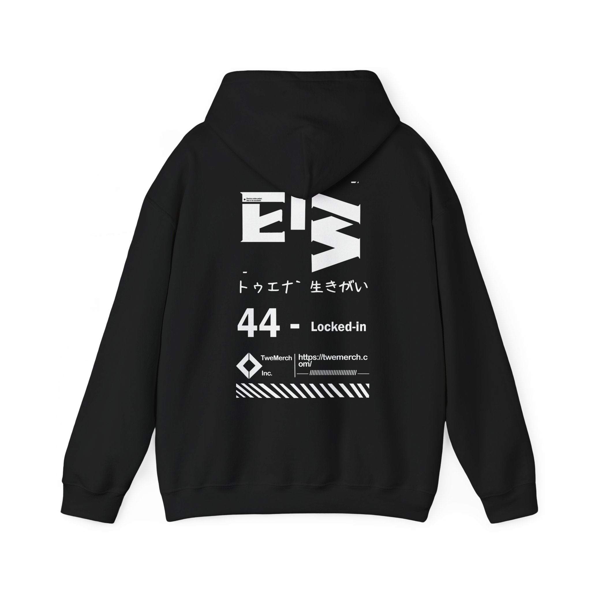 Back view of TweNa 44 Locked-In Hoodie – bold typography and graphic layout