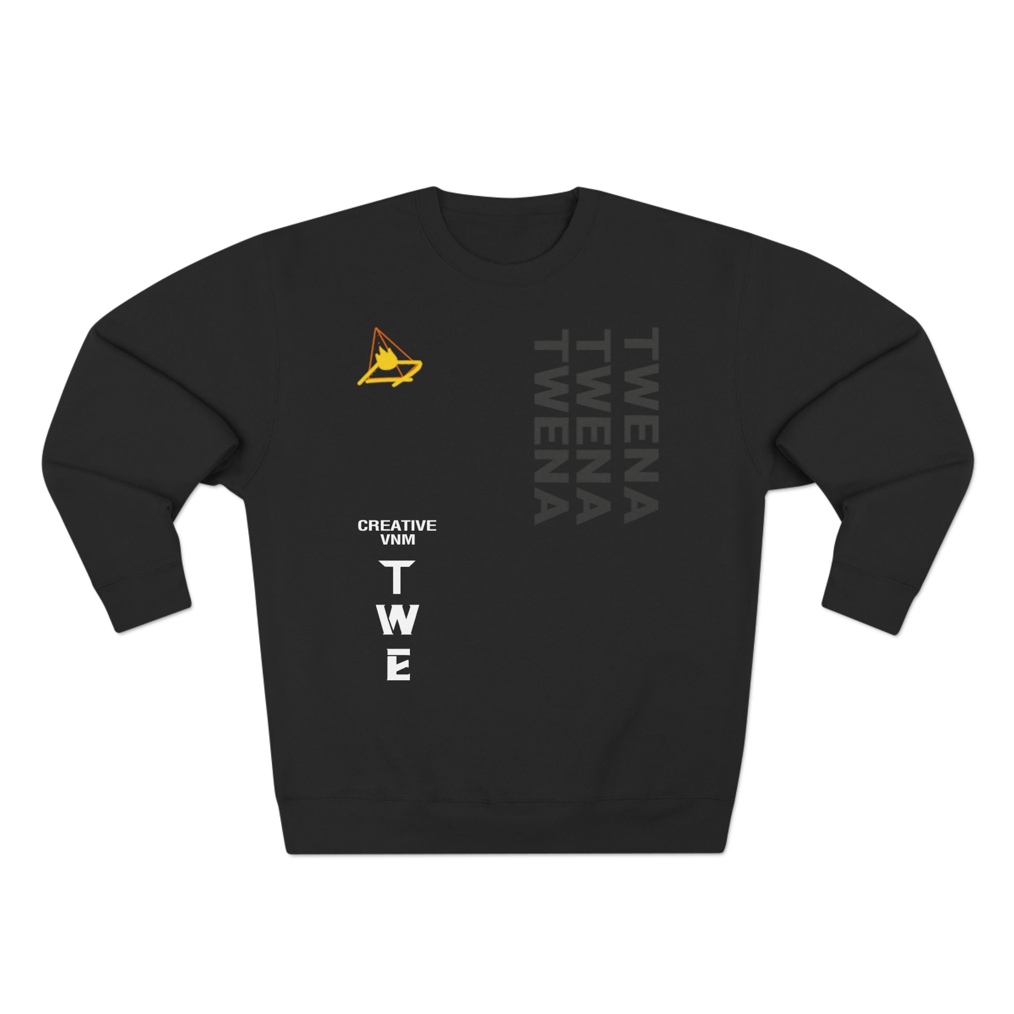 Black TweMerch Inc. sweatshirt with vertical TWE logo and golden lightning emblem