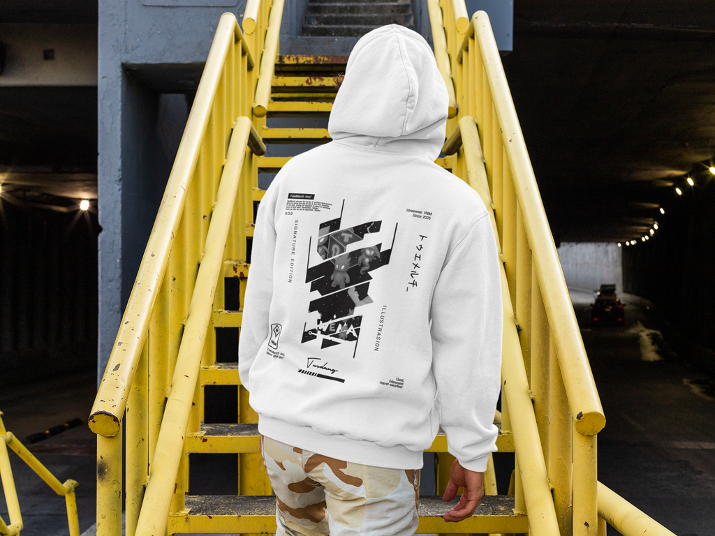 Male model wearing TweMerch Signature Hoodie – motivational streetwear for creators.