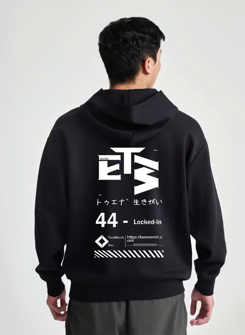 TweNa LOCKED-IN 44 Black Hoodie with Japanese text and techwear design – Front view