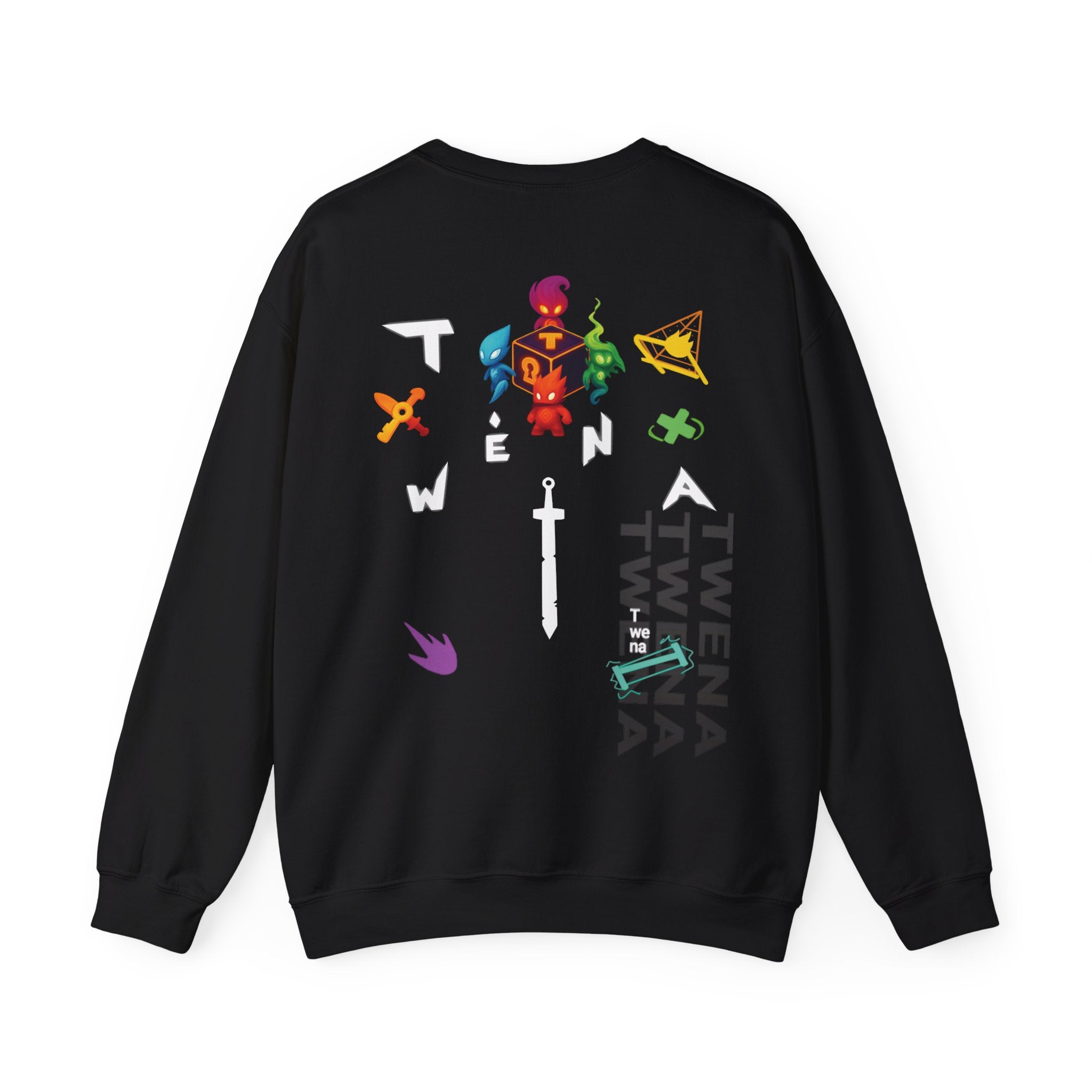 TweNa Elemental Icons Sweatshirt — black premium sweatshirt with colorful gaming-inspired symbols